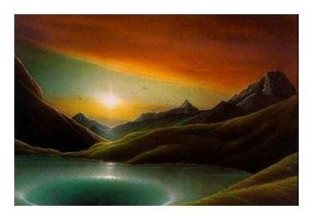 Hans-Werner Sahm, Abendstille (Phantastische Kunst,  Landschaften, Berge, See, Sonne, Sonnenuntergang, surreal, zeitgenössisch, Jugendzimmer, Wohnzimmer, bunt)