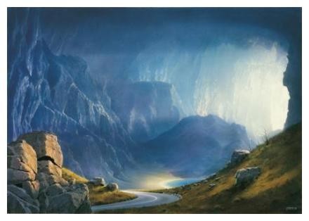 Hans-Werner Sahm, Pass (Phantastische Kunst, Felsen Fluss, Höhle,unterirdisch,  Sonnenlicht, Durchbruch, Traumwelt, Surreal, Wohnzimmer, Jugendzimmer, zeitgenössisch, bunt)
