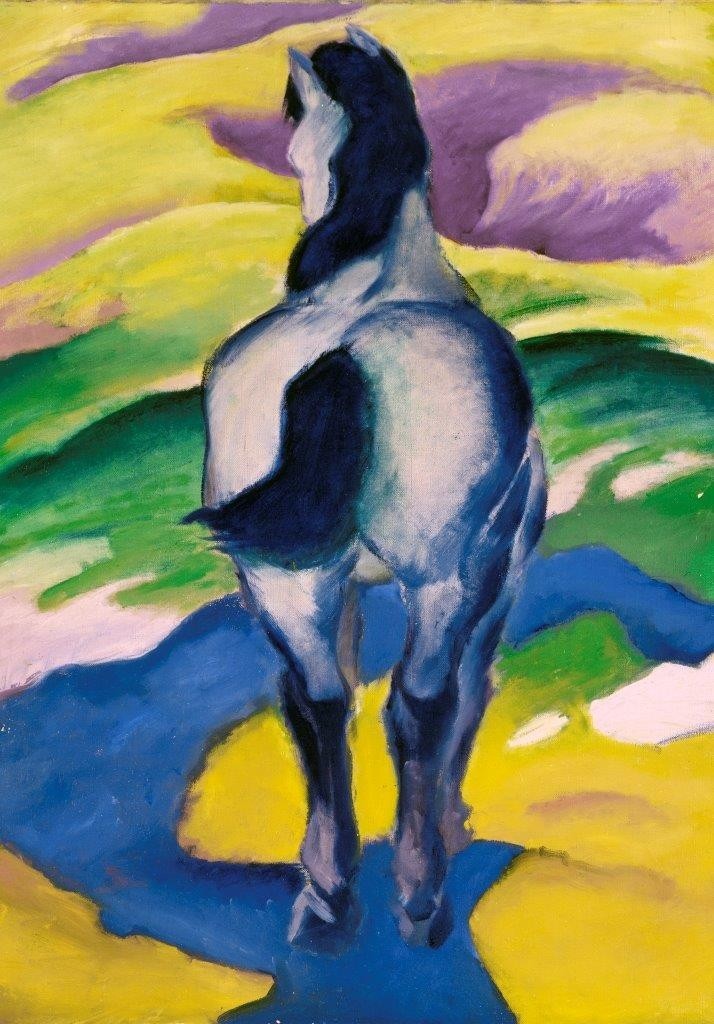 Franz Marc, Blaues Pferd II. 1911 (Marc,Franz,1880-1916,Bern,Kunstmuseum,Pferd,Marc, Franz Marc,von hinten,Tier,blau,gelb,Schweif,Expressionismus,Blauer Reiter)