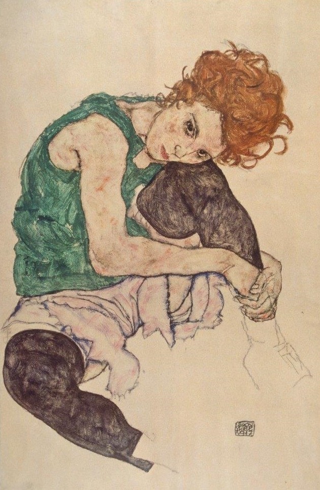 Egon Schiele, Sitzende Frau mit hochgezogenem Knie. 1917 (Prag,National (Narodni) Galerie,Schiele,Egon,1890-1918,Aquarell,Gouache u. schwarze Kreide auf Papier,Expressionismus,Frau, Junge Frau,Schiele, Egon Schiele,1890-1918,Strümpfe,rothaarig,rote Haare)