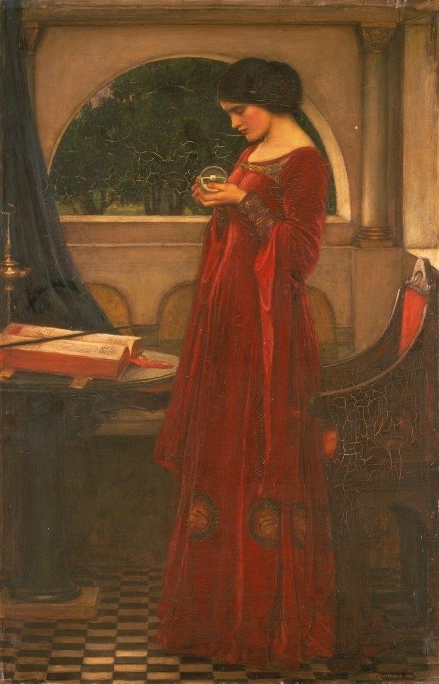 John William Waterhouse, Die Kristall-Kugel. 1902 (Christie's Images Ltd,Waterhouse,John William,1849-1917,Öl auf Leinwand,Waterhouse, John William Waterhouse,20. Jahrhundert,Präraffaelit,Präraffaeliten,Symbolismus,Okkultismus,Frau,Zauber,Zauberin,Privatsphäre,Privatzimmer,spirituell,Wahrsagerin,Aberglaub)