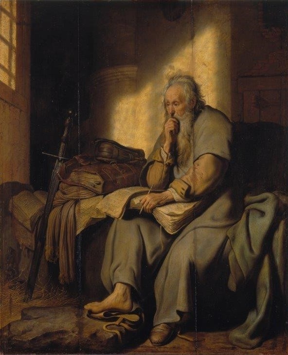 Rembrandt van Rijn, Paulus im Gefängnis. 1627 (Rembrandt van Rijn,1606-1669,Stuttgart,Staatsgalerie,Öl/Eichenholz,Rembrandt,Rembrandt van Rijn,17. Jahrhundert,Heiliger Paulus,Gefängnis,Gefangener,Apostel,Paulus,Zelle,Gefängniszelle,Gefangenschaft,Meditation,Nachsinnen,Kontemplation,Bücher,alter Mann,B)
