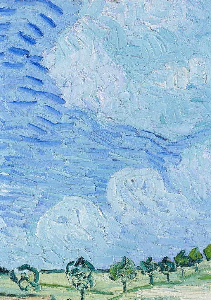 Vincent van Gogh, Die Ebene bei Auvers. (Detail: Himmel). 1890 (Landschaft, Bäume, Baumreihe, Himmel, Wolken, pastos, Pinselstriche, Klassische Moderne, Impressionismus, Wohnzimmer, Treppenhaus, Wunschgröße, bunt)