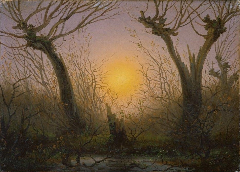 Caspar David Friedrich, Weidengebüsch bei tiefstehender Sonne. (Friedrich,Caspar David,1774-1840,Frankfurter Goethe-Museum,Öl auf Leinwand,Caspar David Friedrich, Goethe Museum, Goethemuseum, Deutschland, deutsch, Romantik, romantisch, Sonnenuntergang, Bäume, Weiden, Weide, Gebüsch, Natur, Idyll, idyllisch, ideal, Ide)