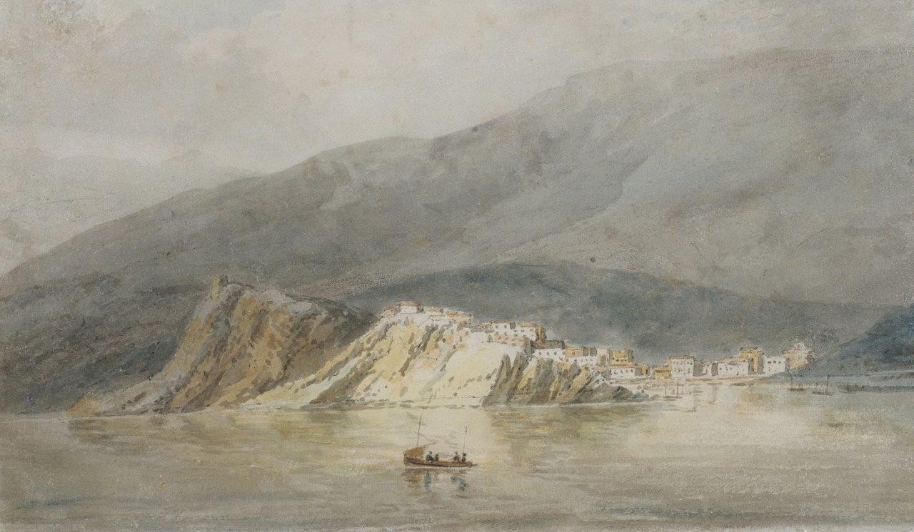Joseph Mallord William Turner, Ansicht von Sestri die Levante, Genua (Wahrscheinlich eine Kopie nach einer Skizze von John Roberts Cozens). Um 1794/95 (Aquarell und Bleistift,19. Jahrhundert,Turner,Joseph Mallord William,1775-1851,Christie's Images Ltd,william turner,turner,berg,italien,ligurien,genua,küste,meer,boot,sestri di levante,Mittelmeer)