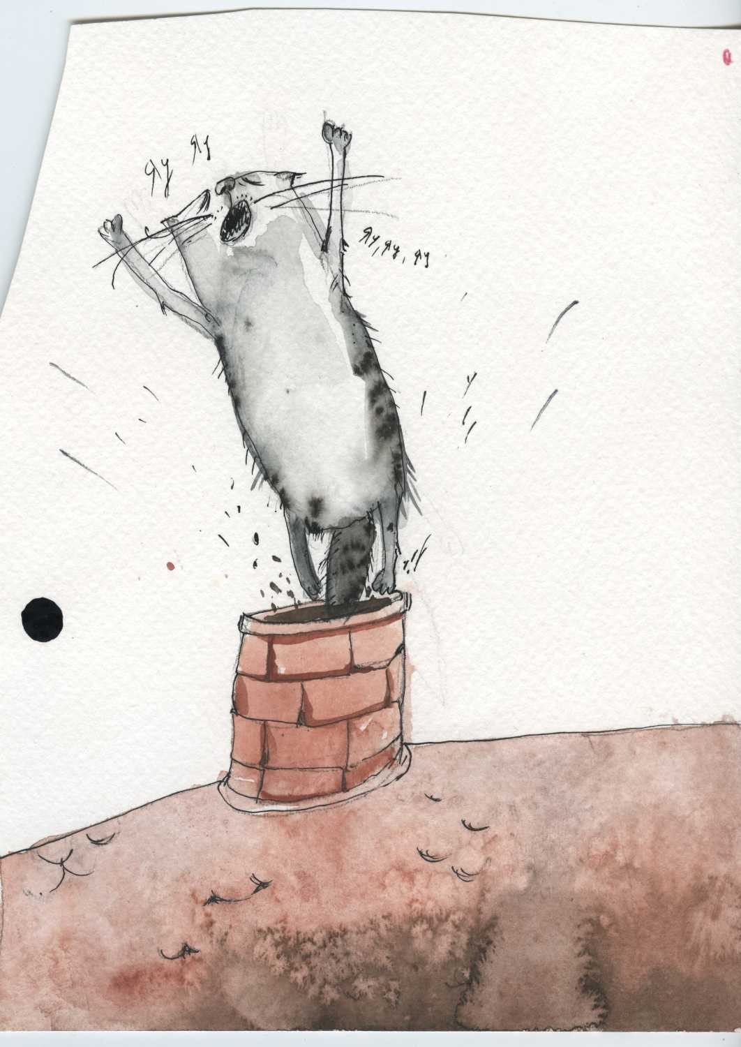 Tiukkel, 00060179 (Katze, Schornstein, Dach, Karikatur, lustig, witzig, Grafik, Wunschgröße, Wohnzimmer, Treppenhaus, bunt)