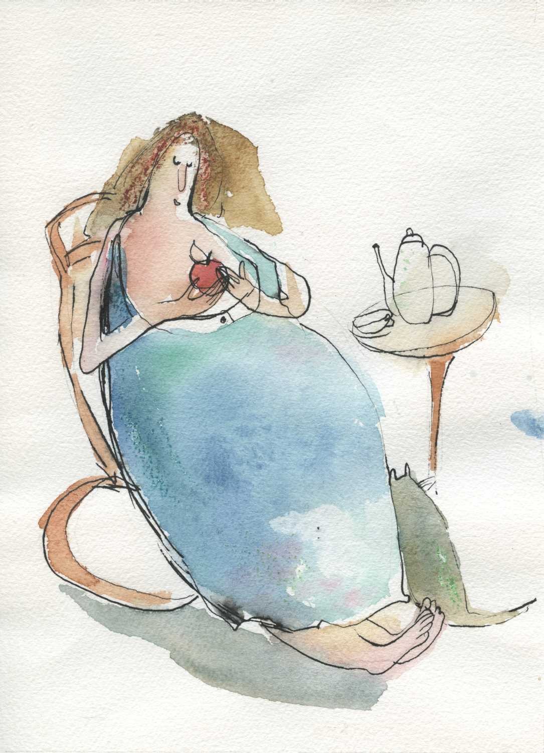 Tiukkel, 00060183 (Frau, Katze, roter Apfel, Schaukelstuhl, Karikatur, Grafik, modern, Wunschgröße, Wohnzimmer, Treppenhaus, bunt)