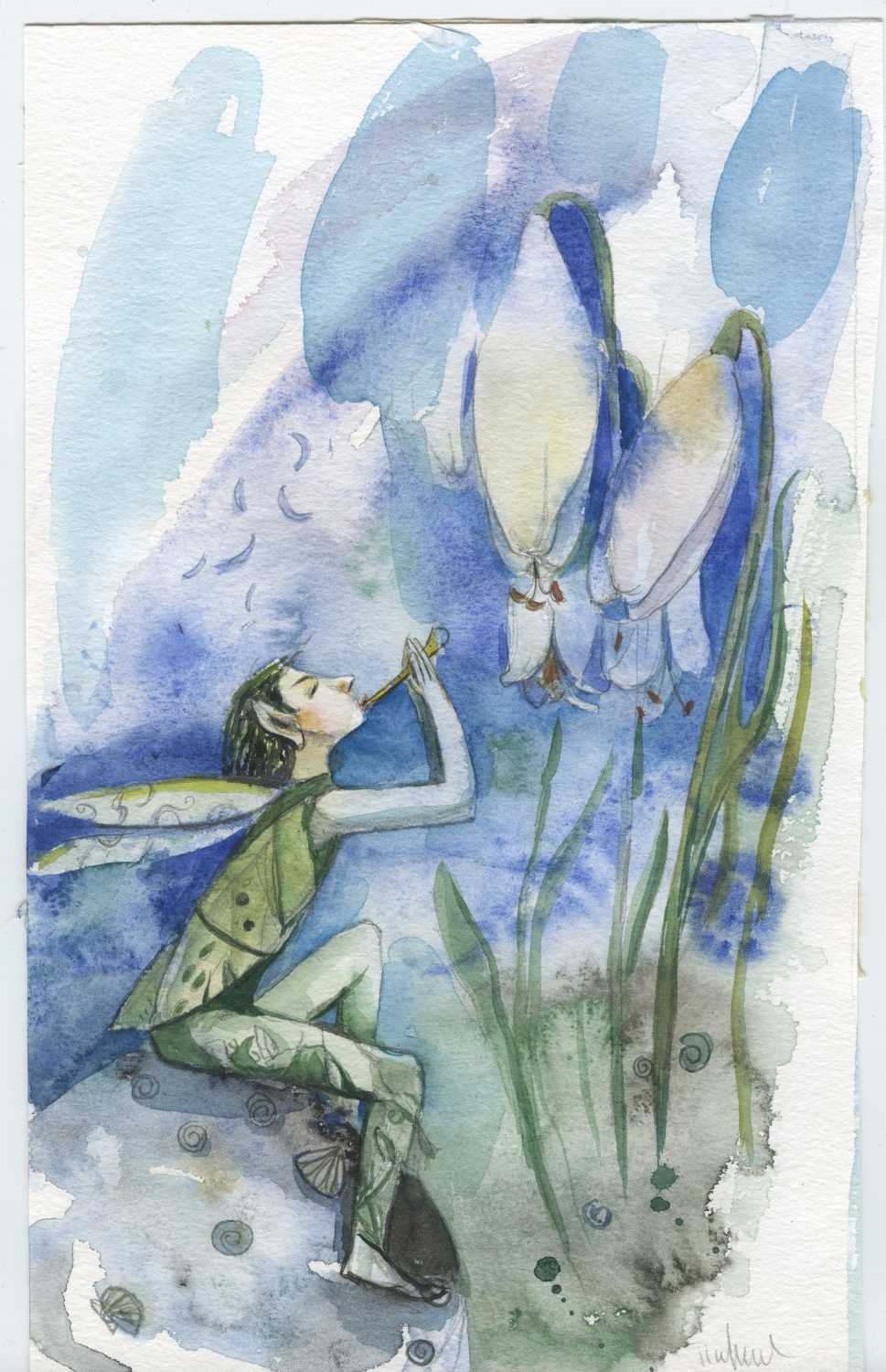 Tiukkel, 00060185 (Elfe, Musik, Flöte, Blumen, Nacht, Karikatur,  Grafik, Wunschgröße, Wohnzimmer, Treppenhaus, Aquarell, bunt)