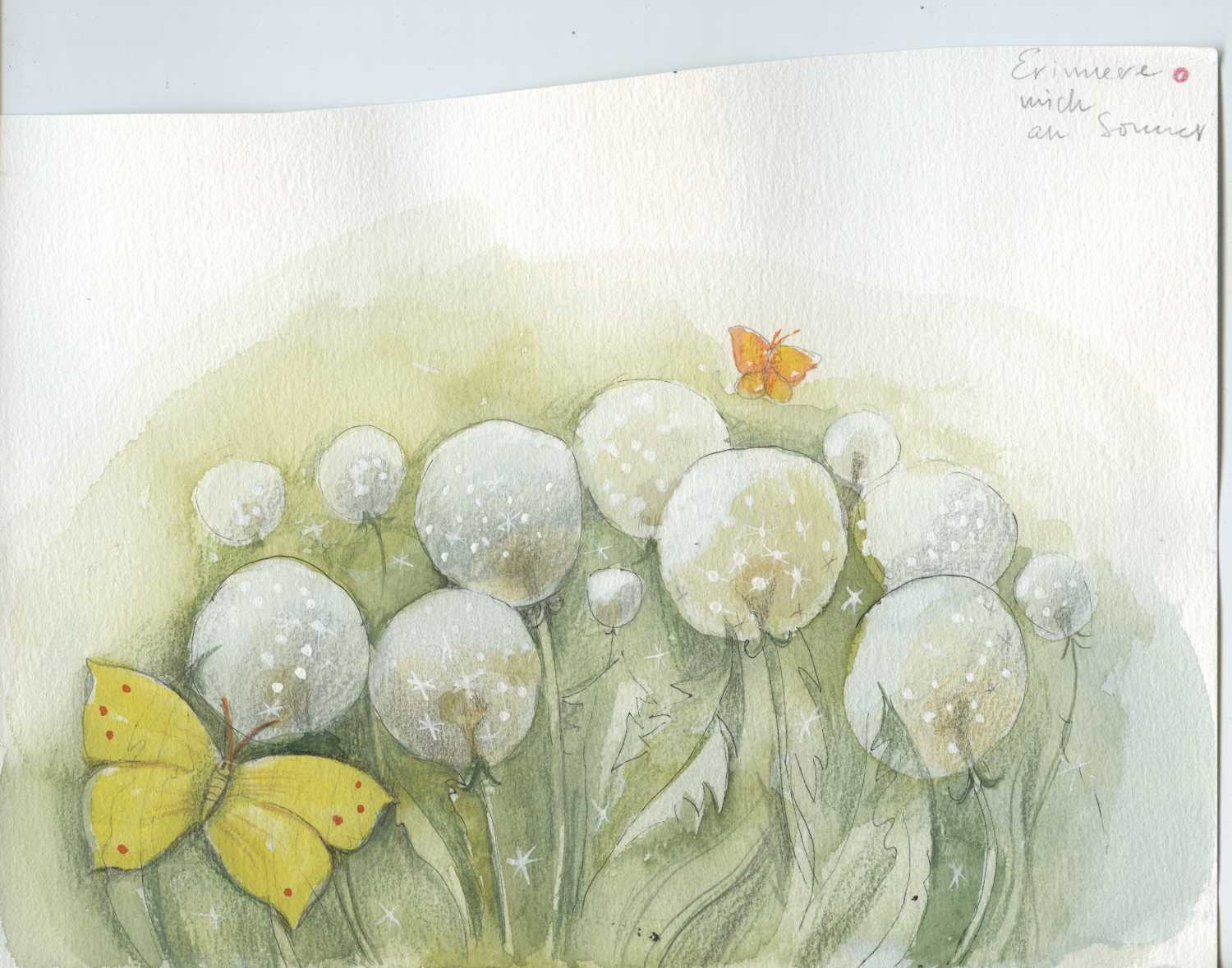 Tiukkel, 00060187 (Wiese, Pusteblumen, Schmetterlinge, verspielt, Grafik, Wunschgröße, Wohnzimmer, Treppenhaus, Aquarell, bunt)