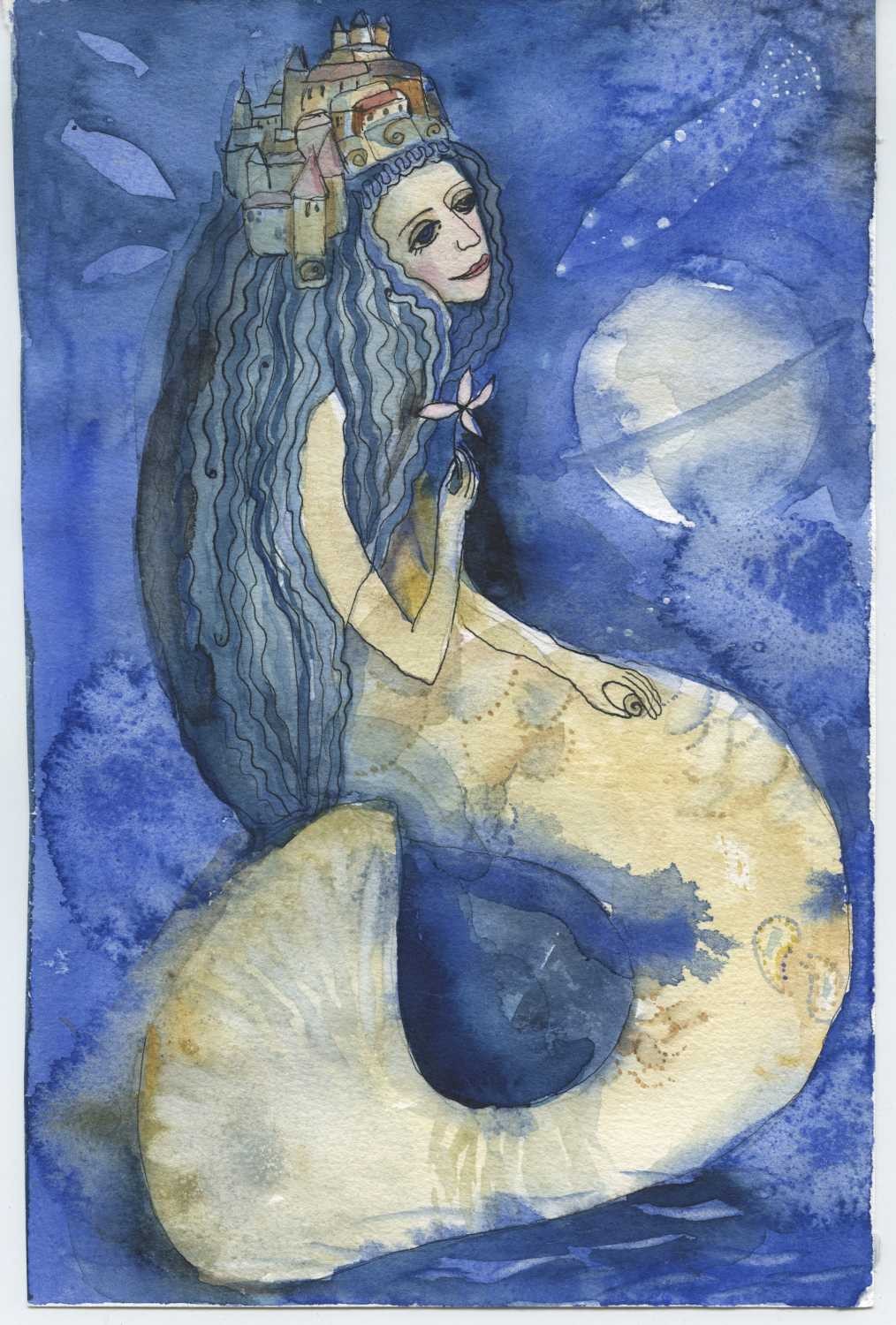 Tiukkel, 00060189 (Meerjungfrau, Kopfbedeckung, Fantasie, Grafik, Wunschgröße, Wohnzimmer, Treppenhaus, Aquarell, bunt)