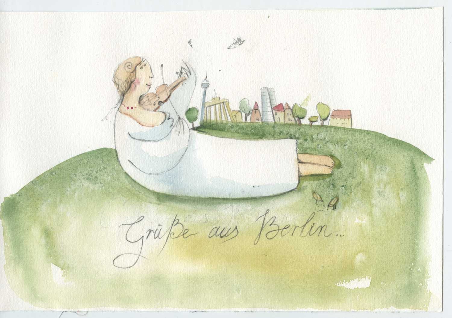 Tiukkel, 00060192 (Berlin, Grüße, Stadt, Musikerin, Geige, Idylle, Grafik, Wunschgröße, Wohnzimmer, Treppenhaus, Aquarell, bunt)