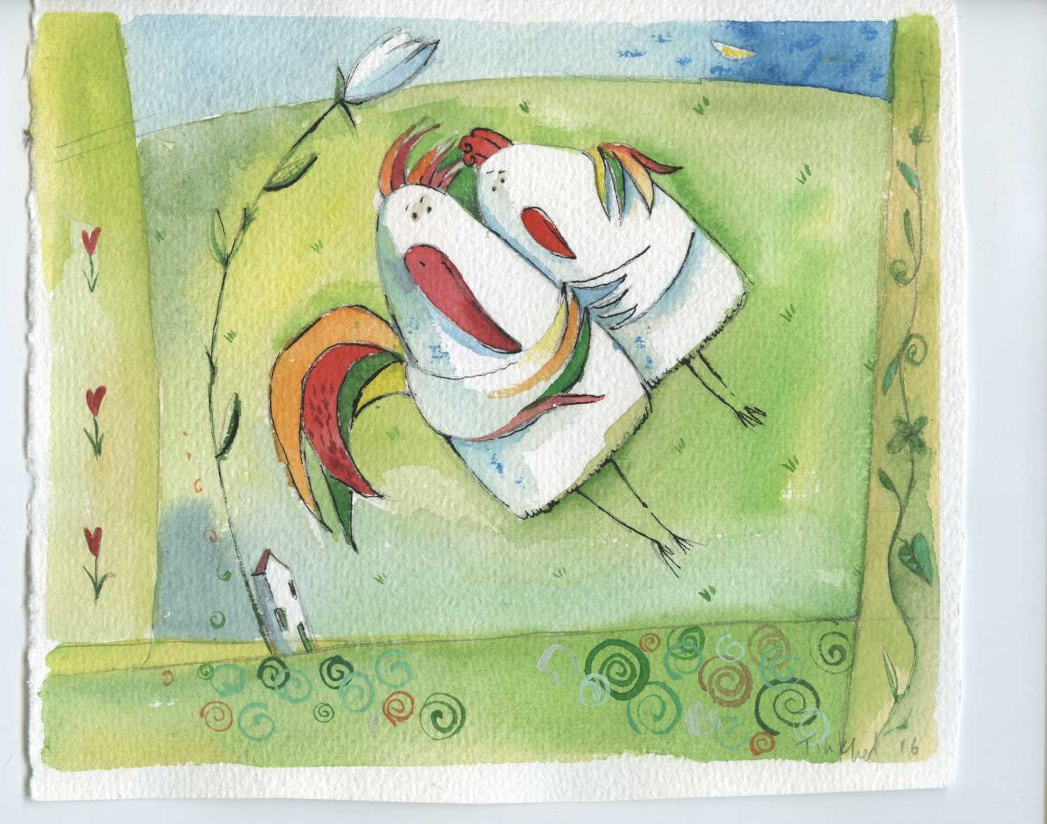 Tiukkel, 00060194 (Hahn, Huhn, Paar, Liebespaar, Schwben, Glück, verliebt, Grafik, Wunschgröße, Wohnzimmer, Treppenhaus, Aquarell, bunt)