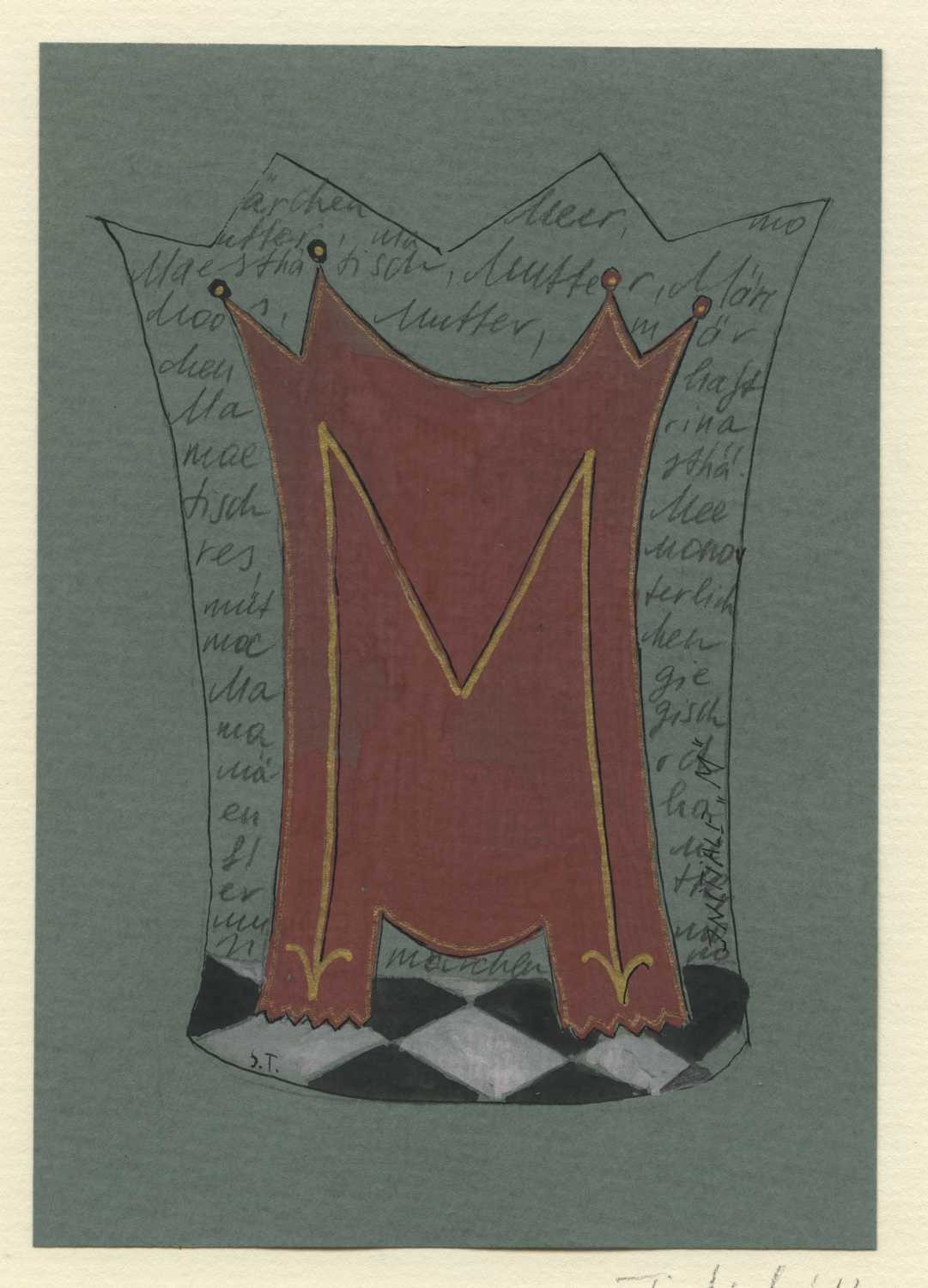 Tiukkel, 00060198 (Buchstabe, M, Mutter, Krone, Symbol, Kalligrafie, Grafik, Wunschgröße, Wohnzimmer, Treppenhaus, Aquarell, bunt)