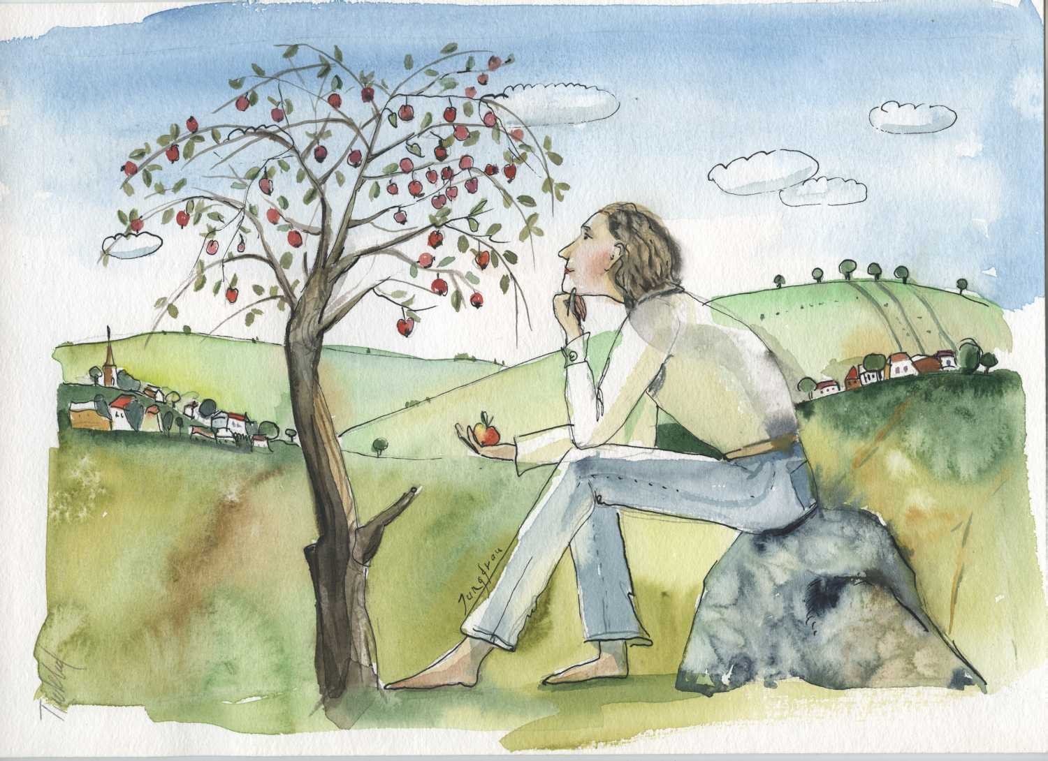Tiukkel, 00060202 (Sternzeichen, Jungfrau, Apfelbaum, Hügel, Sommer,  Grafik, Wunschgröße, Wohnzimmer, Treppenhaus, Aquarell, bunt)
