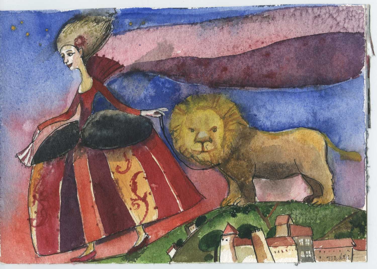Tiukkel, 00060204 (Frau, Prinzessin, Löwe, Fantasie,  Grafik, Wunschgröße, Wohnzimmer, Treppenhaus, Aquarell, bunt)
