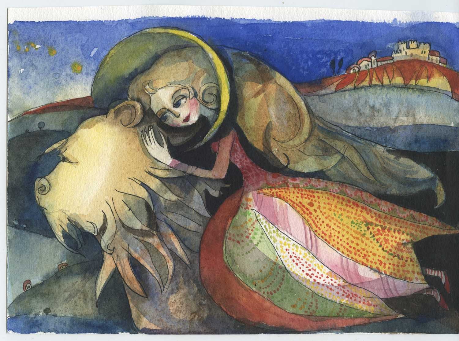 Tiukkel, 00060205 (junge Frau, Prinzessin, Löwe,  Grafik, Wunschgröße, Wohnzimmer, Treppenhaus, Aquarell, bunt)