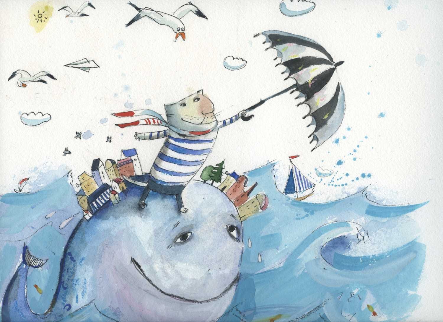 Tiukkel, 00060207 (Wal, Meer, Dorf, Katze, Regenschirm, Segeln, Fantasie, Grafik, Wunschgröße, Wohnzimmer, Treppenhaus, Aquarell, bunt)