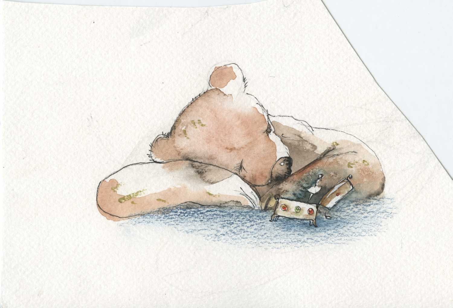 Tiukkel, 00060208 (Bär, müde, Schlaf, schlafender Bär, Spieluhr, Träume,  Grafik, Wunschgröße, Wohnzimmer, Treppenhaus, Aquarell, bunt)