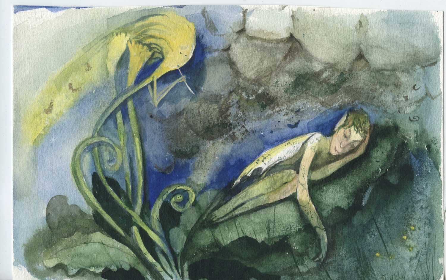 Tiukkel, 00060209 (Pflanzen, Zauber, Schlaflied, Elfen, Flöte, Faun, Grafik, Wunschgröße, Wohnzimmer, Treppenhaus, Aquarell, bunt)