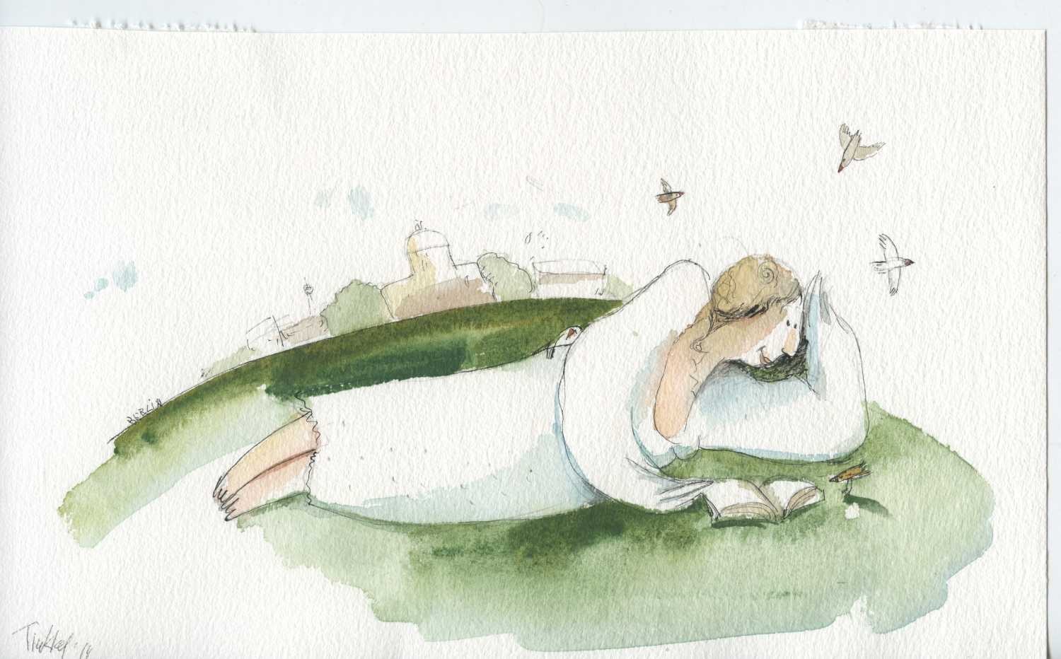 Tiukkel, 00060212 (Sommer, Frau, Lesende, Buch, Wiese, Freizeit, Grafik, Wunschgröße, Wohnzimmer, Treppenhaus, Aquarell, bunt)