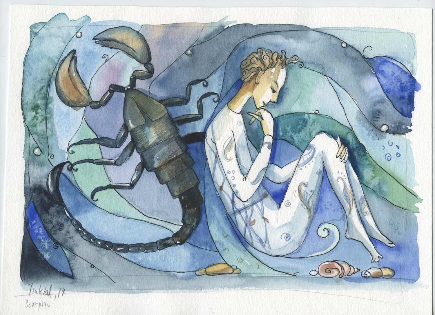 Tiukkel, 00060216 (Sternzeichen, Skorpion, Frau, Element Wasser, Grafik, Wunschgröße, Wohnzimmer, Treppenhaus, Aquarell, bunt)