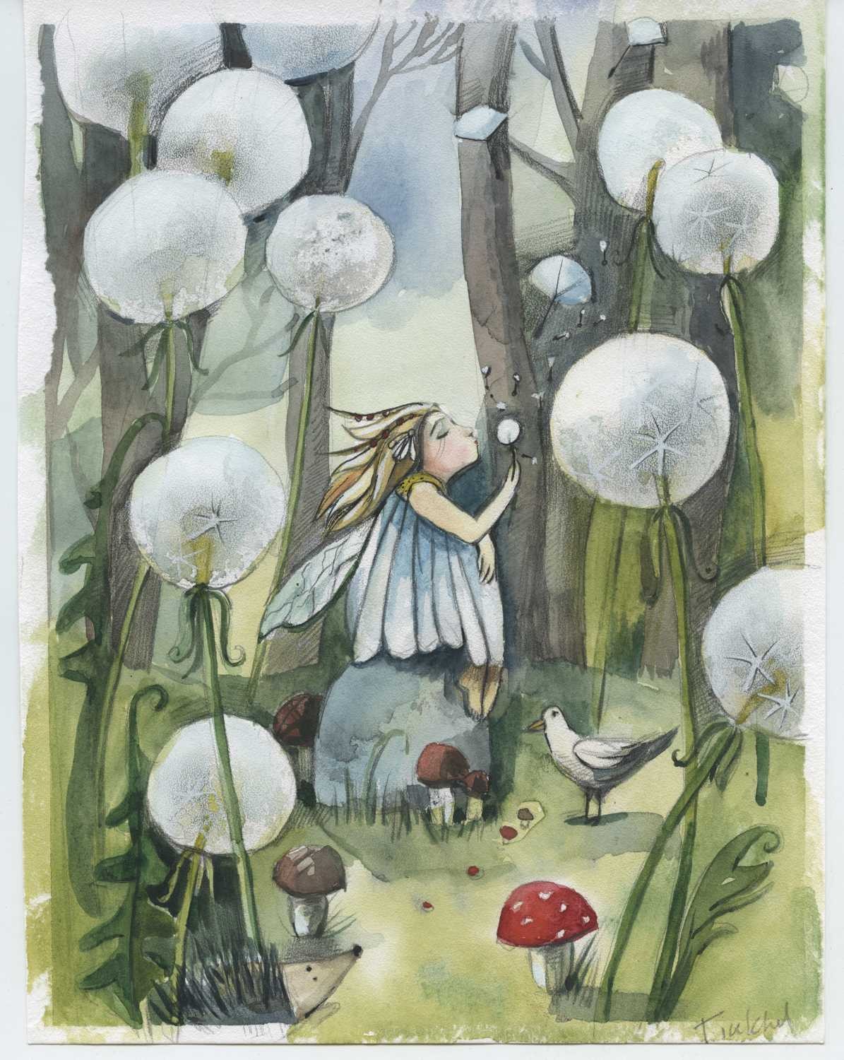 Tiukkel, 00060217 (Zauberwald, Bäume, Pusteblumen, Elfe,  Grafik, Wunschgröße, Kinderzimmer, Treppenhaus, Aquarell, bunt)