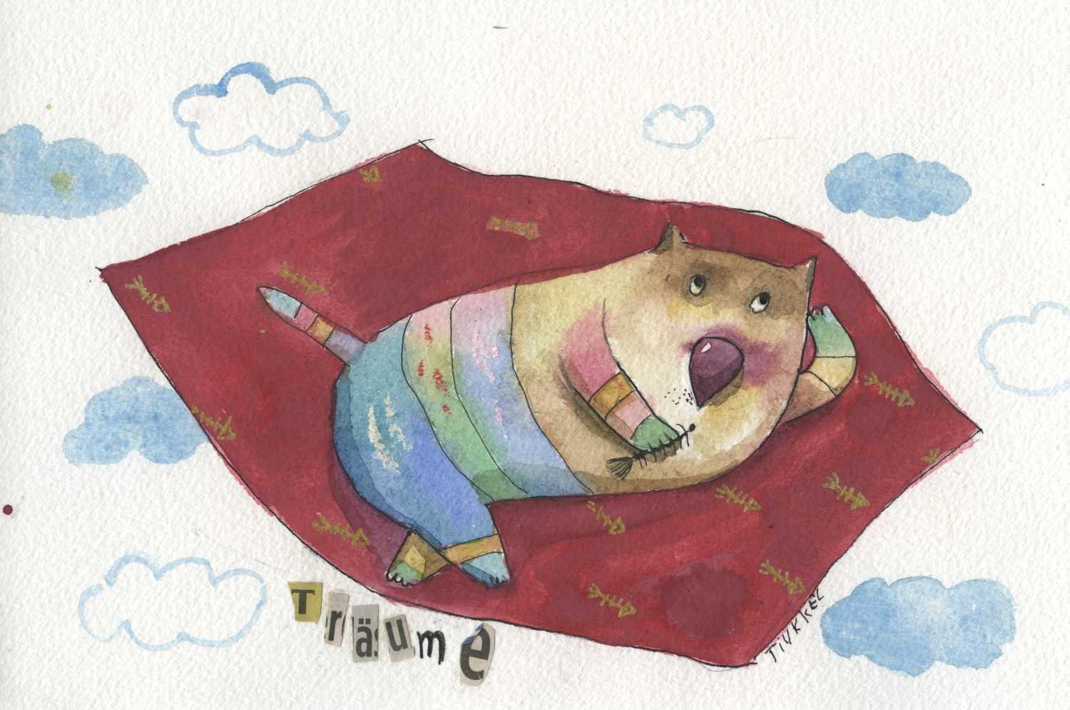 Tiukkel, 00060221 (Fliegender Teppich, Traum, Katze,  Grafik, Wunschgröße, Wohnzimmer, Treppenhaus, Aquarell, bunt)