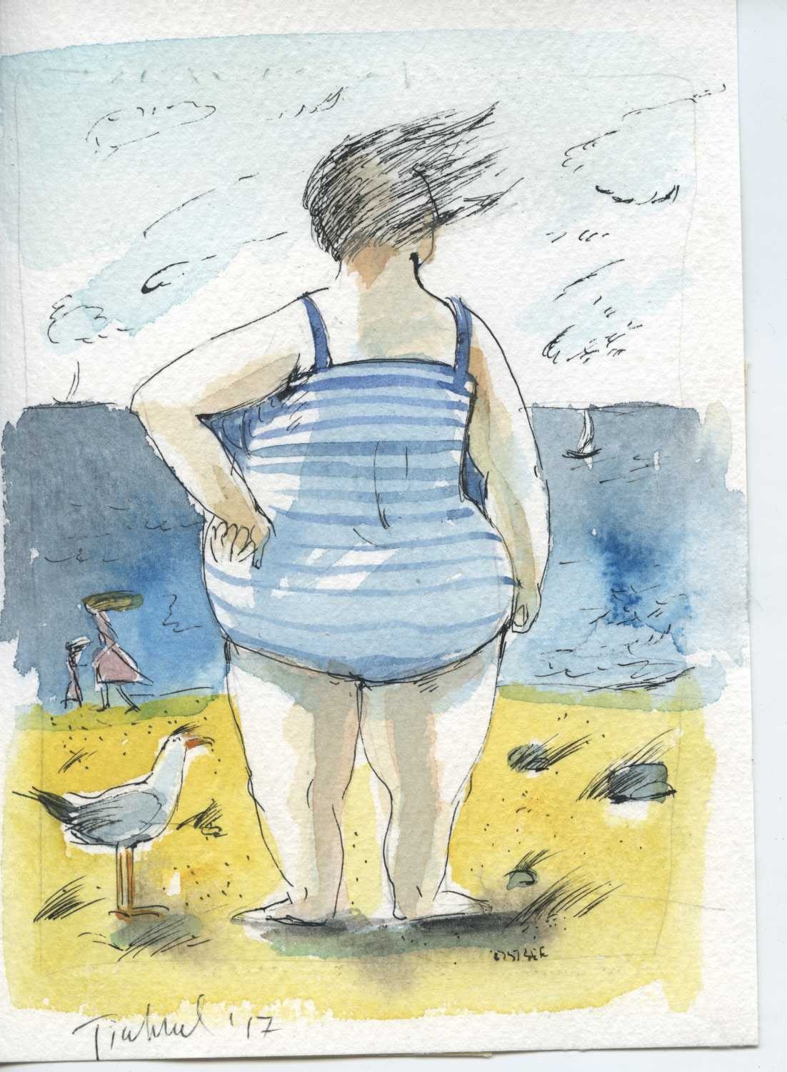 Tiukkel, 00060235 (Strand, Urlaub, Meer, Badenixe, Sturm, Wind, Humor, Grafik, Wunschgröße, Wohnzimmer, Treppenhaus, Aquarell, bunt)