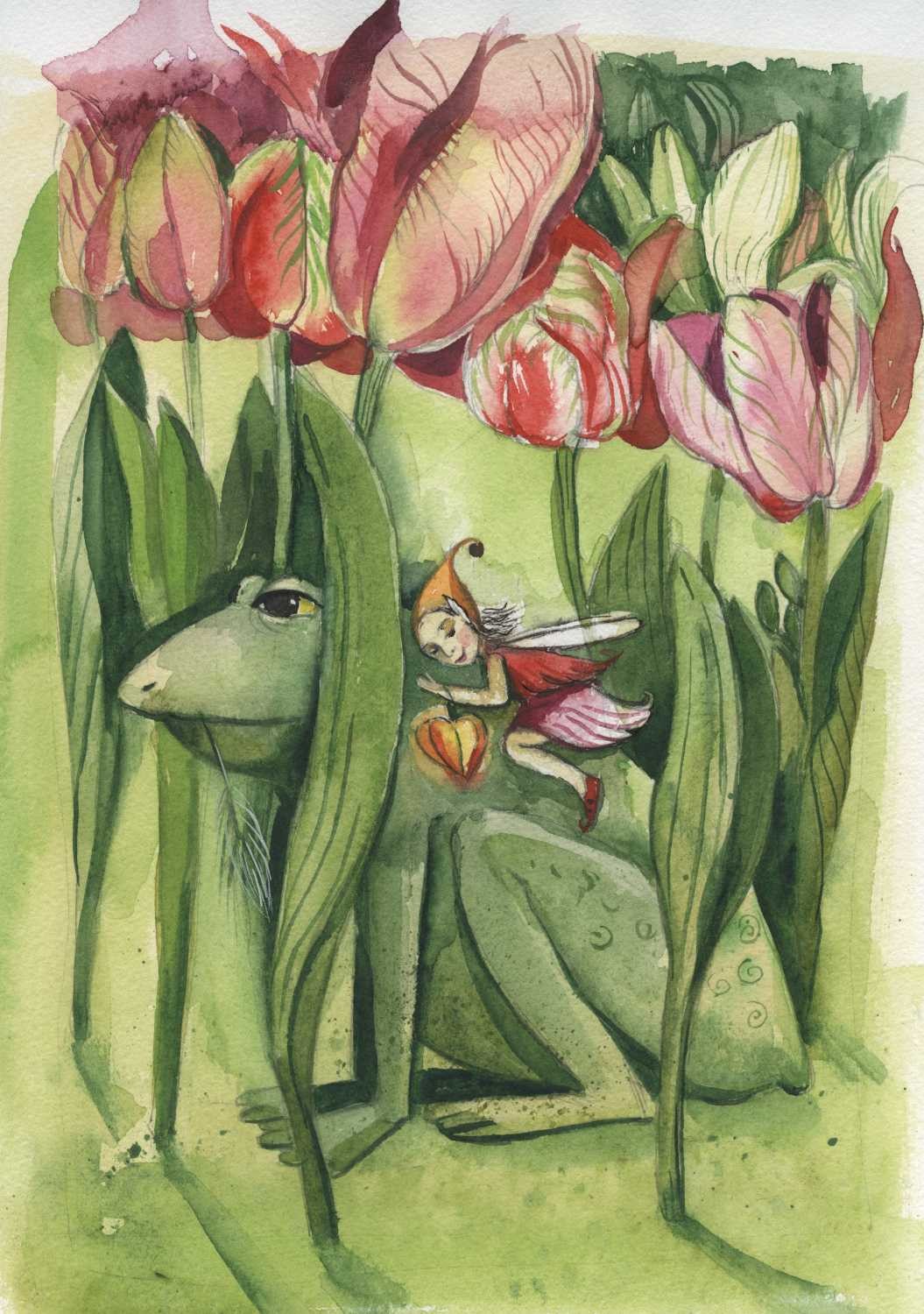 Tiukkel, 00060236 (Blumen, Tulpen, Blüten, Elfe, Frosch, Märchen, Grafik, Wunschgröße, Kinderzimmer, Treppenhaus, Aquarell, bunt)