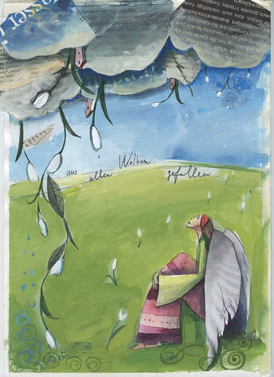 Tiukkel, 00060237 (Engel, Wiese, Wolken, Blumen, Blüten, Redewendung, aus allen Wolken fallen, Grafik, Wunschgröße, Wohnzimmer, Treppenhaus, Aquarell, bunt)