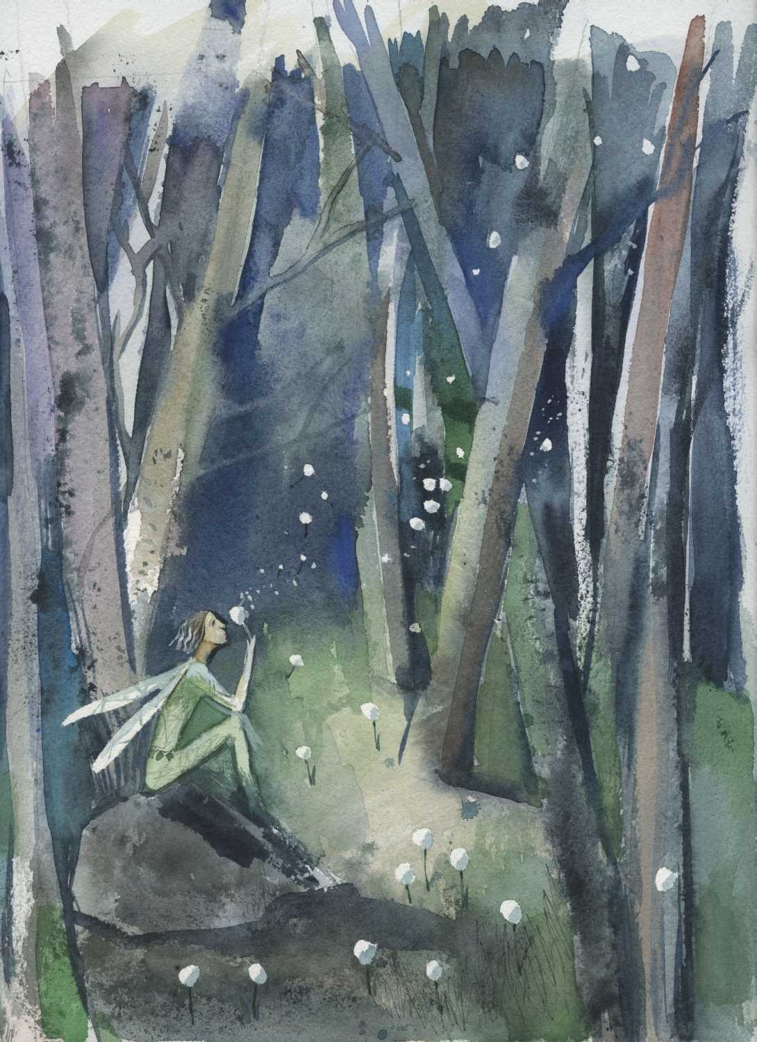 Tiukkel, 00061090 (Wald, Baumstämme, Pusteblumen, Elf, Grafik, Wunschgröße, Wohnzimmer, Treppenhaus, Aquarell, bunt)