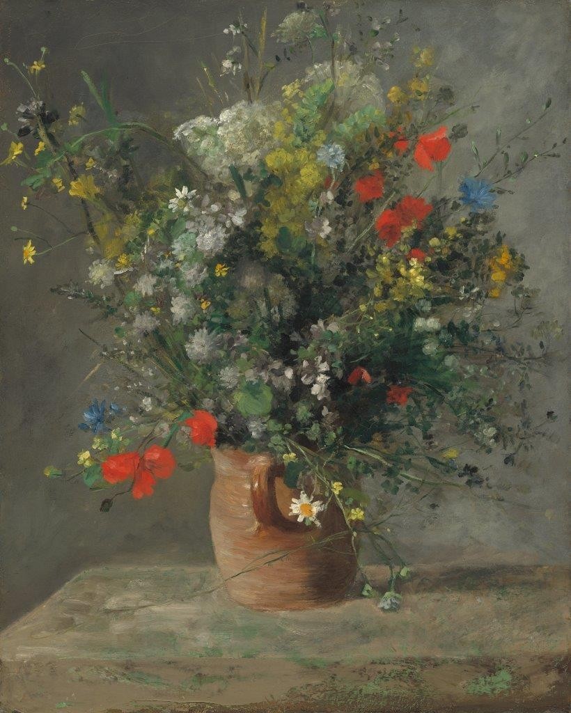 Pierre-Auguste Renoir, Blumen in einer Vase. Um 1866 (Stillleben, Blumen, Strauß, Wiesenblumen, Sommer, Sommerblumen, Tonkrug, rustikal, bäuerlich, Impressionismus, klassische Moderne, Wunschgröße, Wohnzimmer, Malerei)