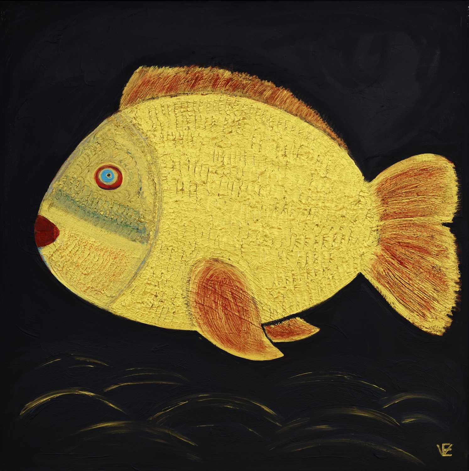 Elena Franke, Goldfisch 064 (Fisch, goldfisch, Wellen,  Wunschgröße, modern, Malerei, Treppenhaus, Wohnzimmer, Badezimmer, bunt)