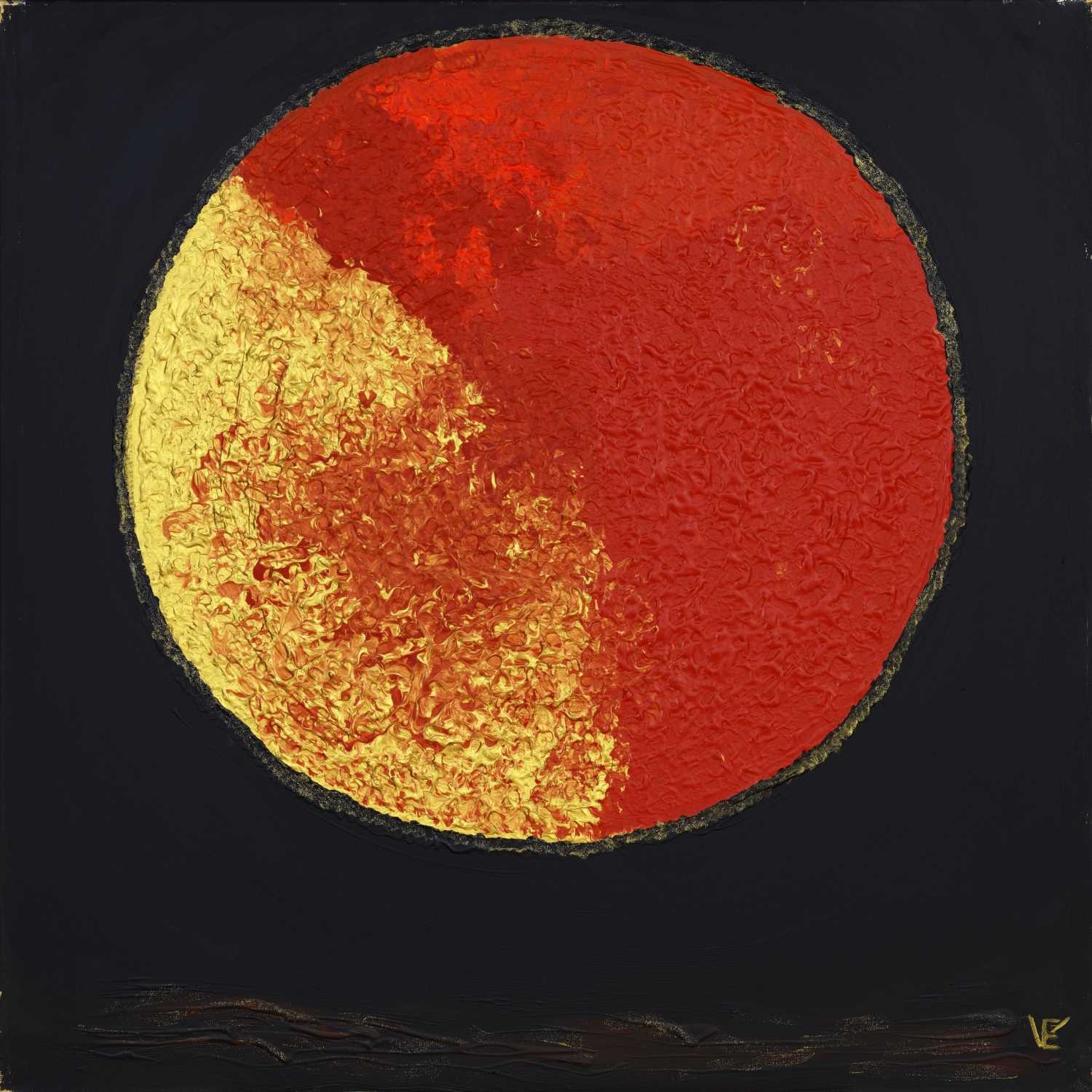 Elena Franke, Glut 073 (Kreis, Kugel, glühend, feurig,  Meditation, spirituell, Wunschgröße, modern, Entspannung, Malerei, Treppenhaus, Wohnzimmer, bunt)