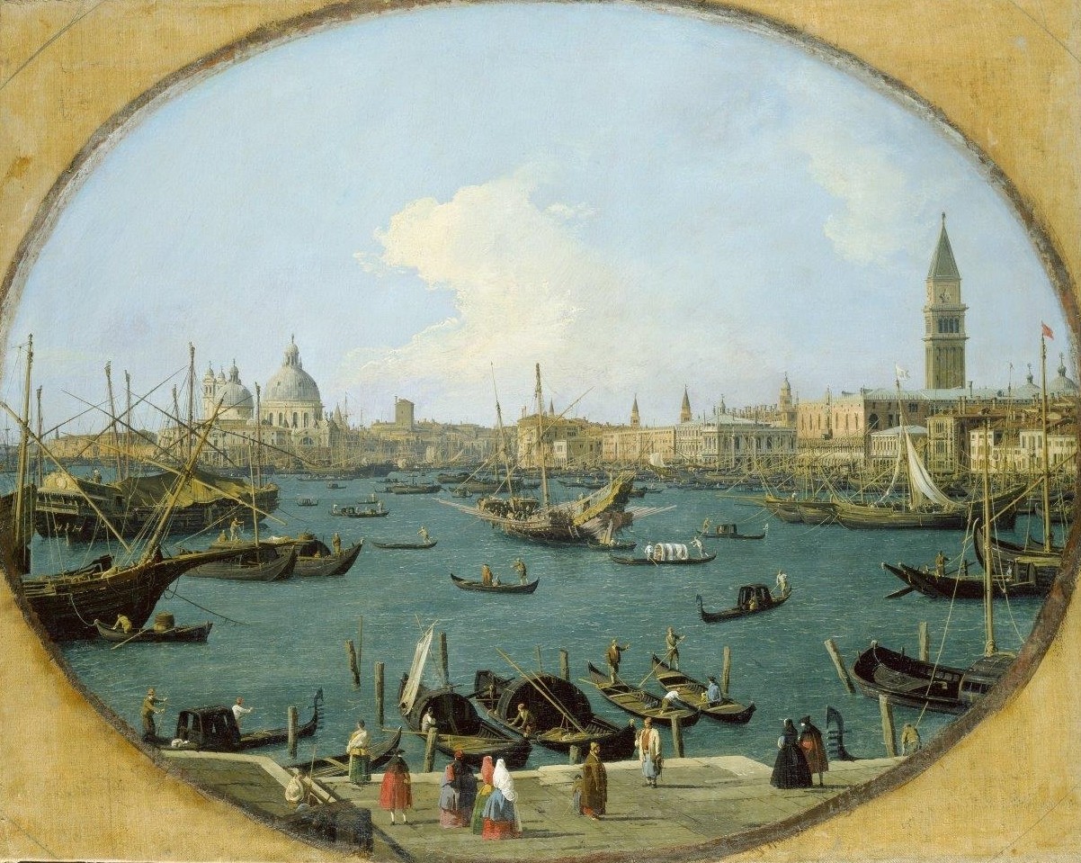 Canaletto (Giovanni Antonio Canal), Venedig, von S.Giorgio Maggiore aus gesehen. (Öl auf Leinwand,Städel Museum,Frankfurt am Main,1697-1768,Canaletto (Giovanni Antonio Canal),Venedig,Italien,Häfen,Canaletto (Giov.Antonio Canal) 1697-1768,Canaletto,Giov.Antonio Canal,Italien,italienisch,S.Giorgio Maggiore,Hafen,Gruppe,Passanten,Ufer,Kai)