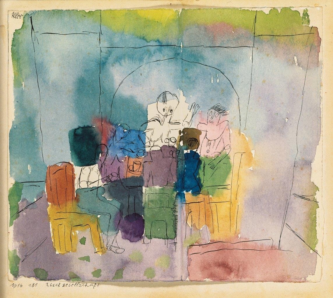 Paul Klee, Tischgesellschaft (Wunschgröße, Malerei, Aquarell, Expressionismus, Gesellschaft, menschen, Gruppe, Tisch, Unterhaltung, Klassische Moderne, Wohnzimmer,bunt)