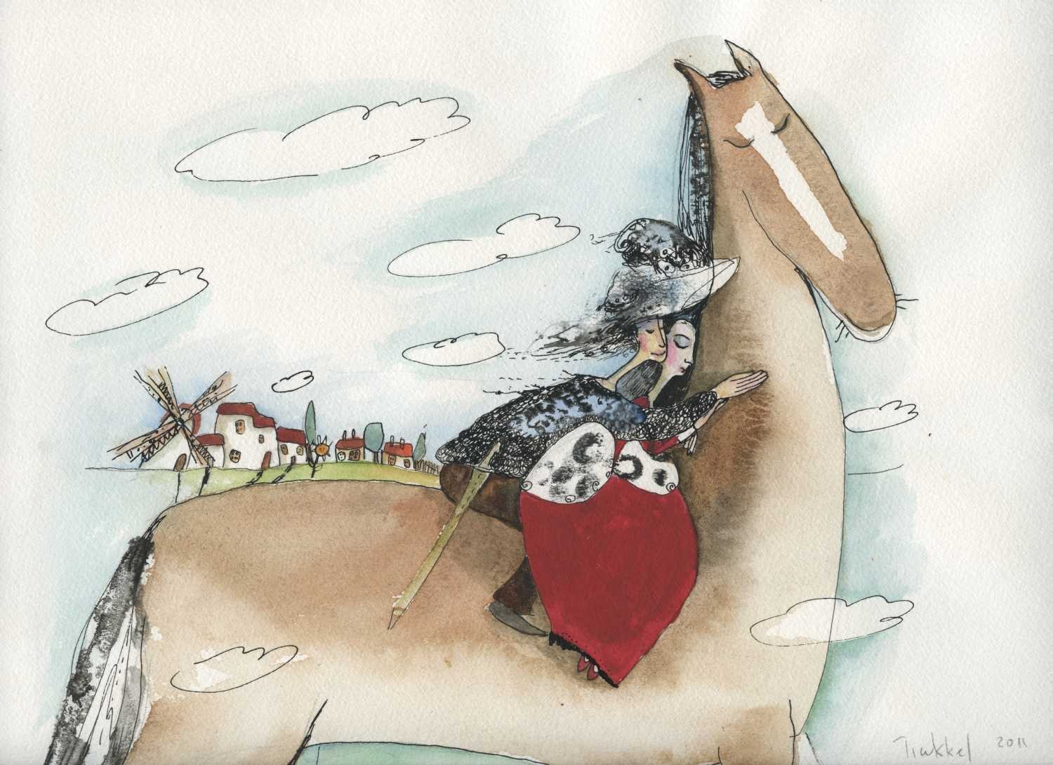 Tiukkel, 00060184 (Pferd, Liebespaar, Schutz, Vertrauen, Karikatur, Grafik, Wunschgröße, Wohnzimmer, Treppenhaus, bunt)