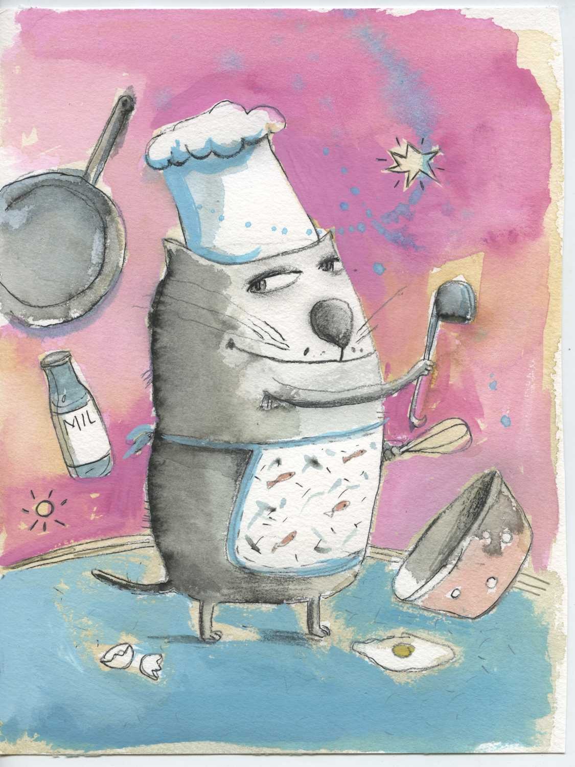 Tiukkel, 00060188 (Katze, Kochmütze, Koch, Antropomorphismus, Karikatur, lustig, witzig, Grafik, Wunschgröße, Küche, Wohnzimmer, Treppenhaus, bunt)