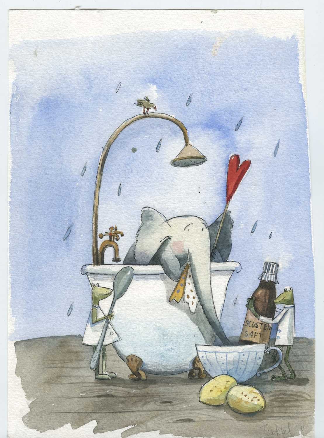 Tiukkel, 00060193 (Elefant, Erkältung, Husten, Schwitzbad, Frösche, Hustensaft, Grafik, Wunschgröße, Wohnzimmer, Badezimmer, Aquarell, bunt)