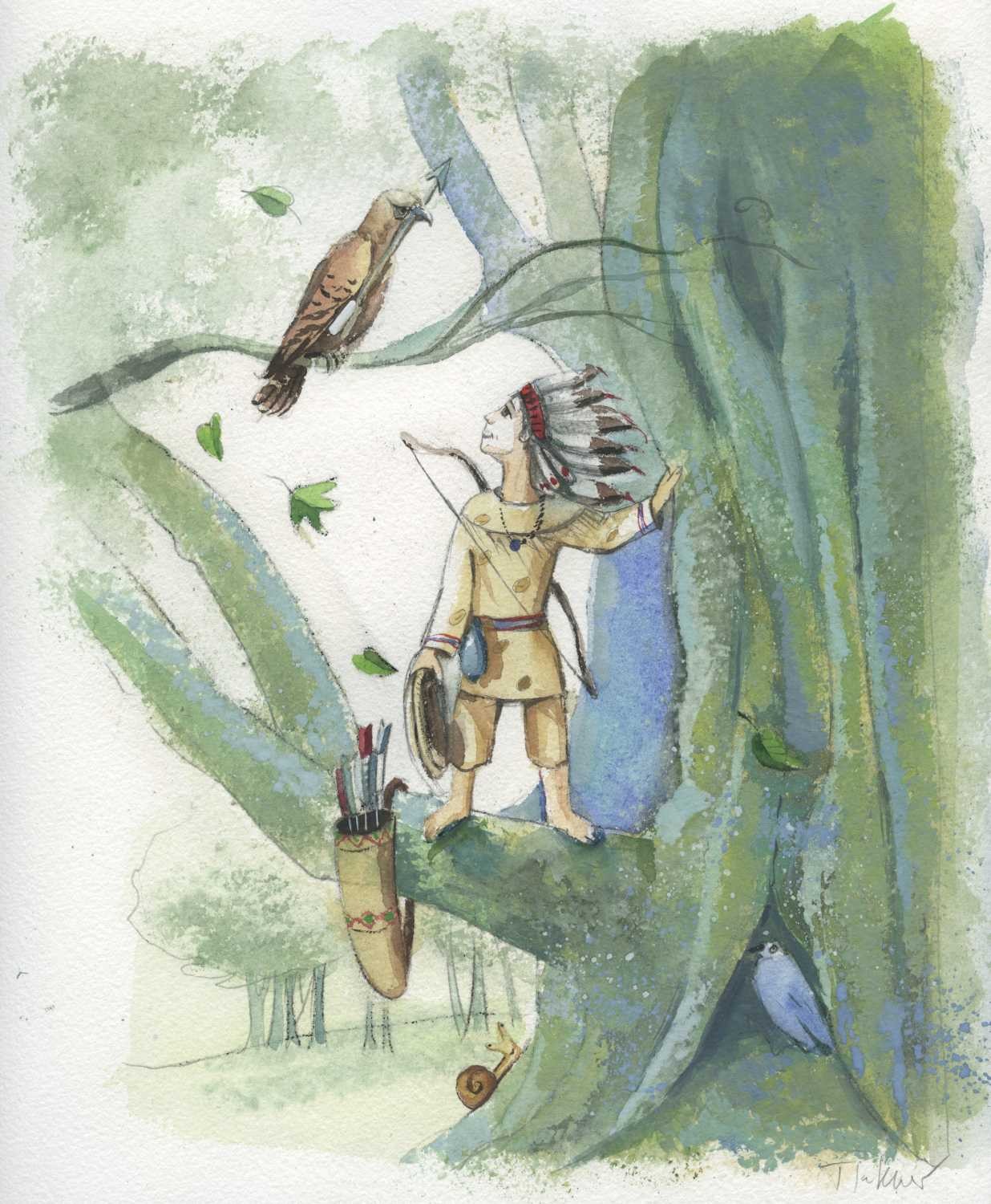 Tiukkel, 00060201 (Indianer, Raubvogel, Pfeil und Bogen, Grafik, Wunschgröße, Wohnzimmer, Treppenhaus, Aquarell, bunt)