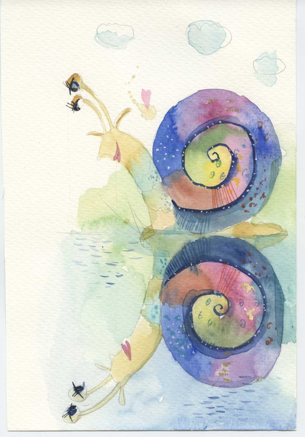 Tiukkel, 00060210 (Schnecke, Spiegelbild, Wasser, fröhlich,  Grafik, Wunschgröße, Wohnzimmer, Treppenhaus, Aquarell, bunt)