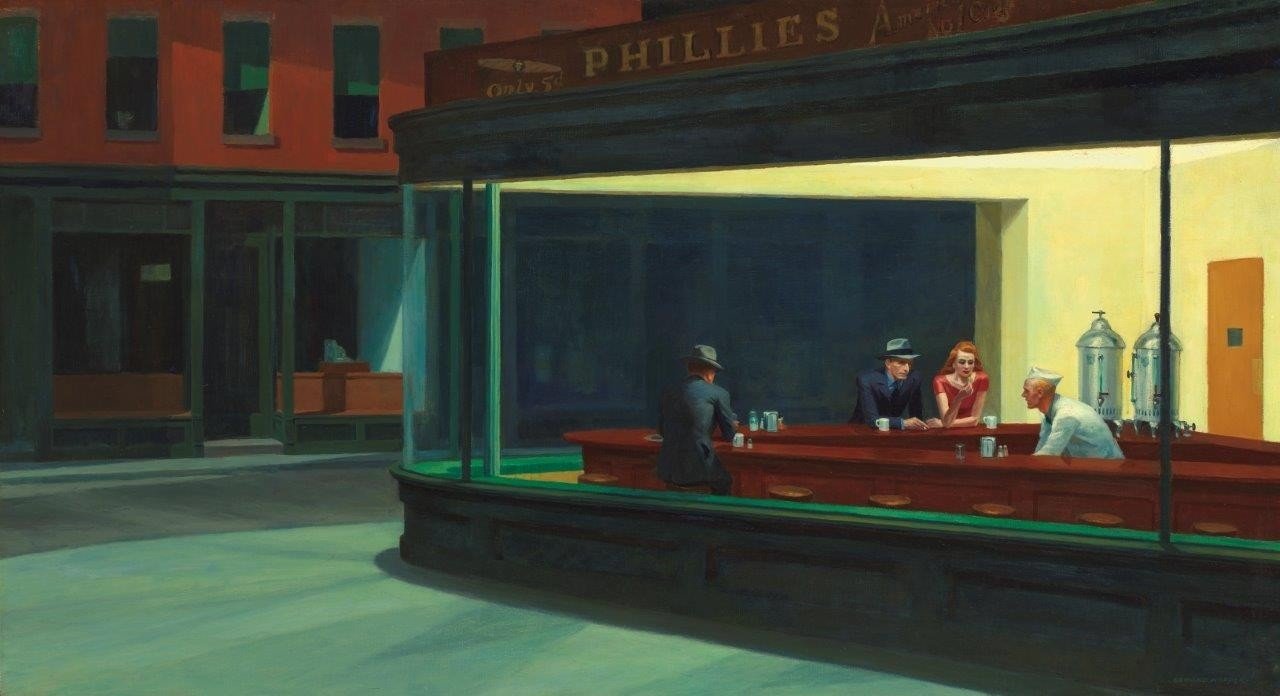 Edward Hopper, Nighthawks (American Scene, Malerei, Realismus, Gebäude und Architektur, Bar, Theke, Barkeeper, Glasscheibe, Fenster, Einblick, Menschen, Nachtschwärmer, Wohnzimmer, Wohnzimmer, Wunschgröße, bunt)