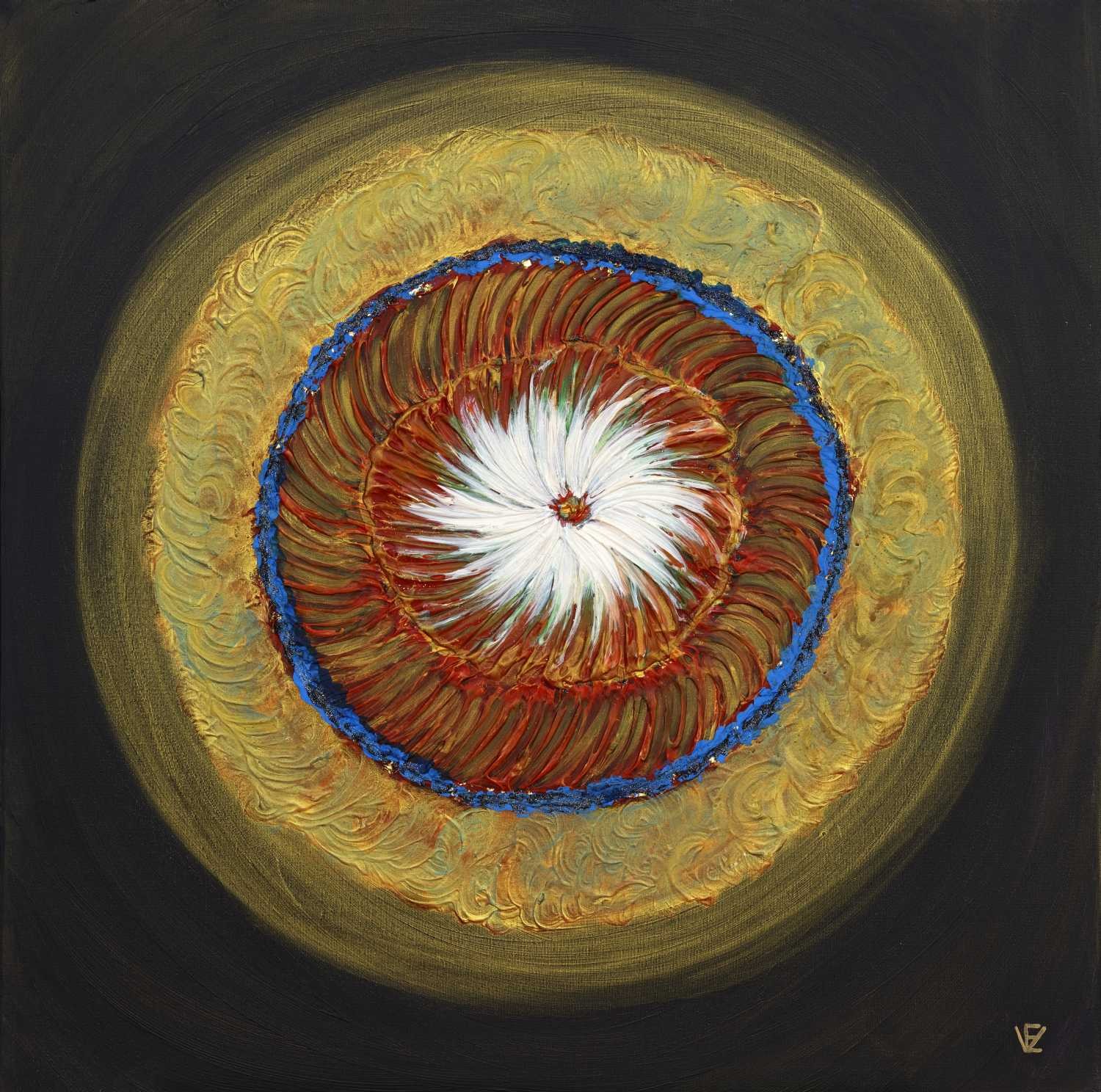 Elena Franke, Blume_abstrakt 112 (Kreise, Mitte, Meditation,  spirituell, Wunschgröße, modern, Entspannung, Malerei, Treppenhaus, Wohnzimmer, bunt)