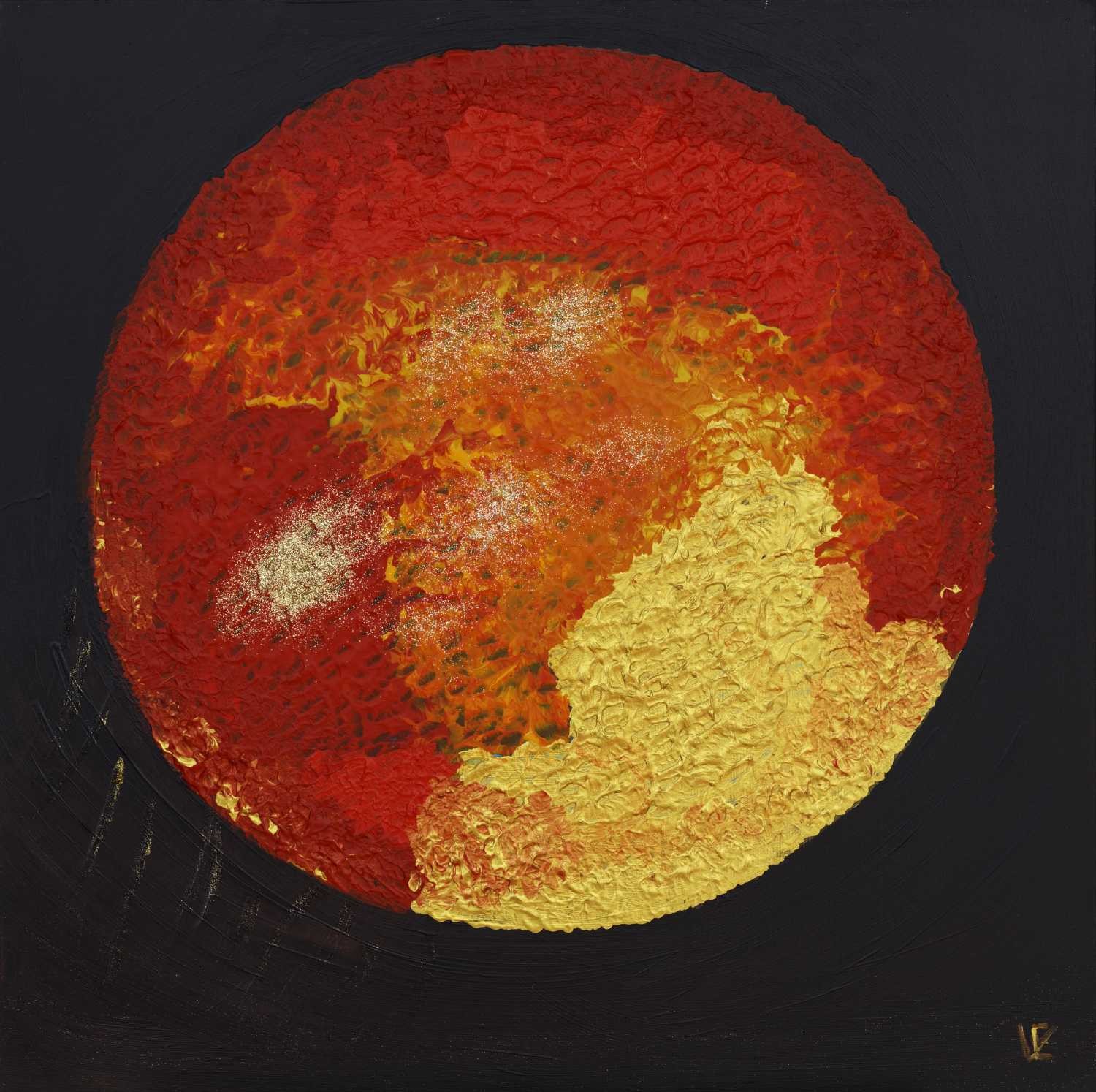 Elena Franke, Eruption 128 (Kreis, Kugel, Sonne, glühend, feurig,  Meditation, spirituell, Wunschgröße, modern, Entspannung, Malerei, Treppenhaus, Wohnzimmer, bunt)