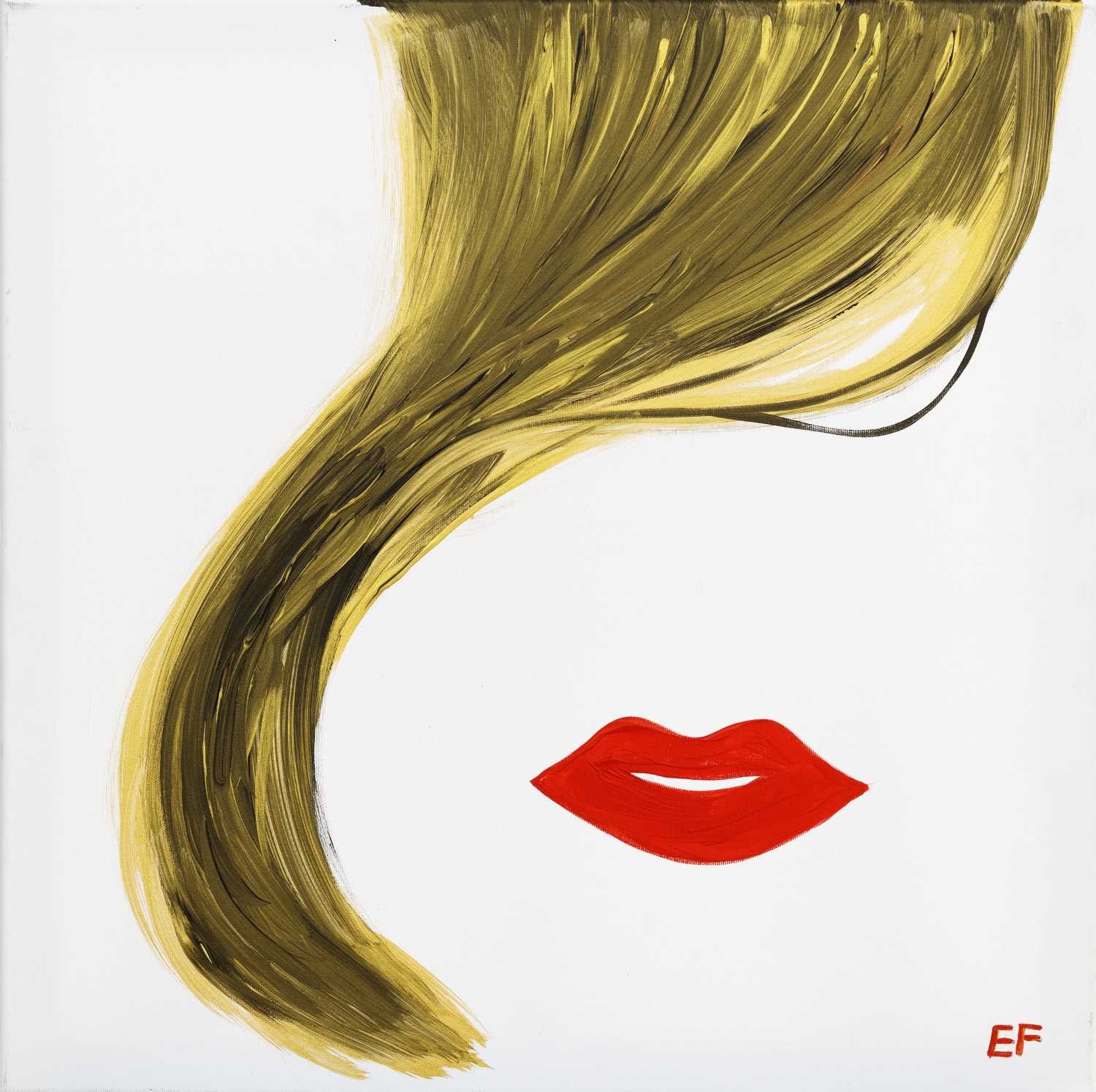 Elena Franke, Portrait 167 (Frau, Gesicht, Haare, Welle, Mund, reduziert, Wunschgröße, modern, abstrakt, Entspannung, Malerei, Treppenhaus, Wohnzimmer, bunt)