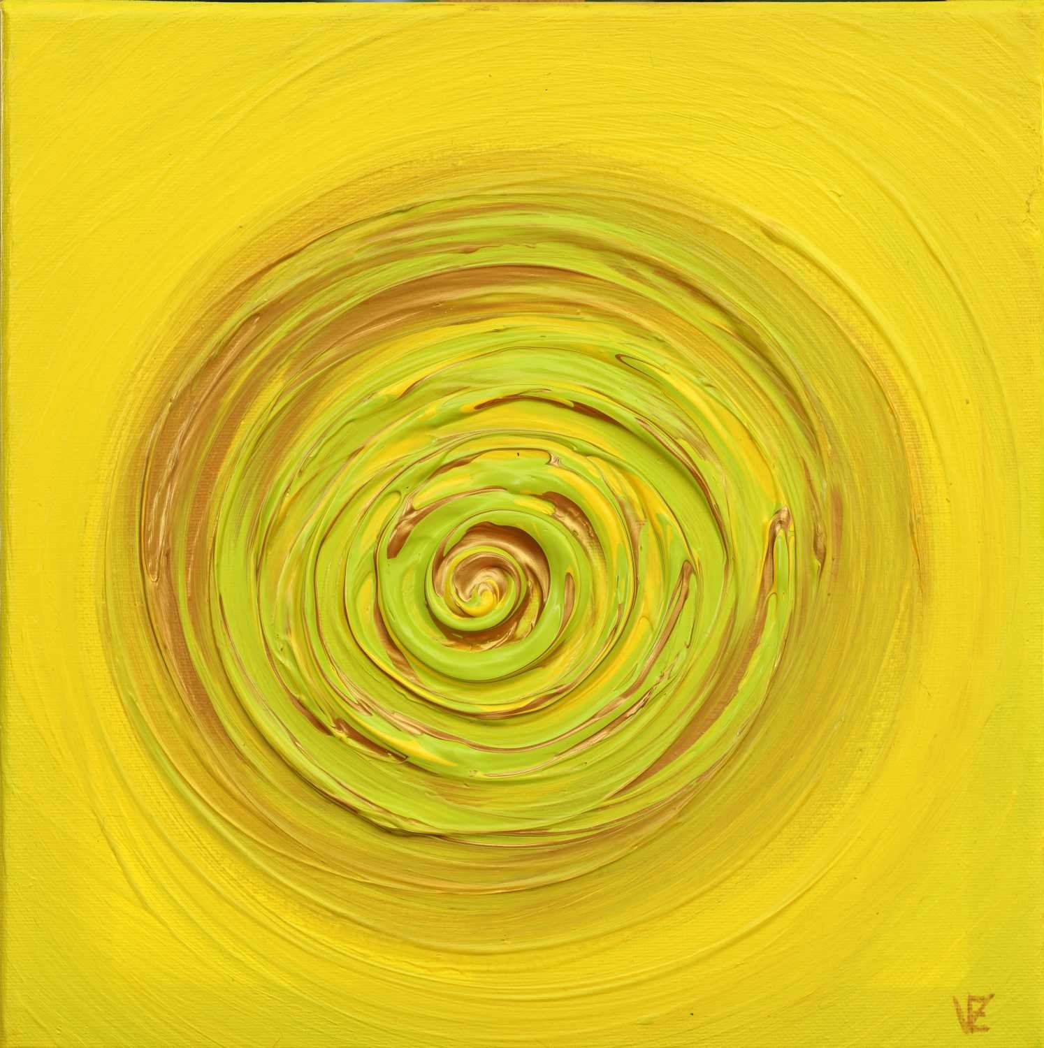 Elena Franke, Gelber Kreis 208 (Kreise, Mitte, Meditation,  spirituell, Wunschgröße, modern, Entspannung, Malerei, Treppenhaus, Wohnzimmer, bunt)