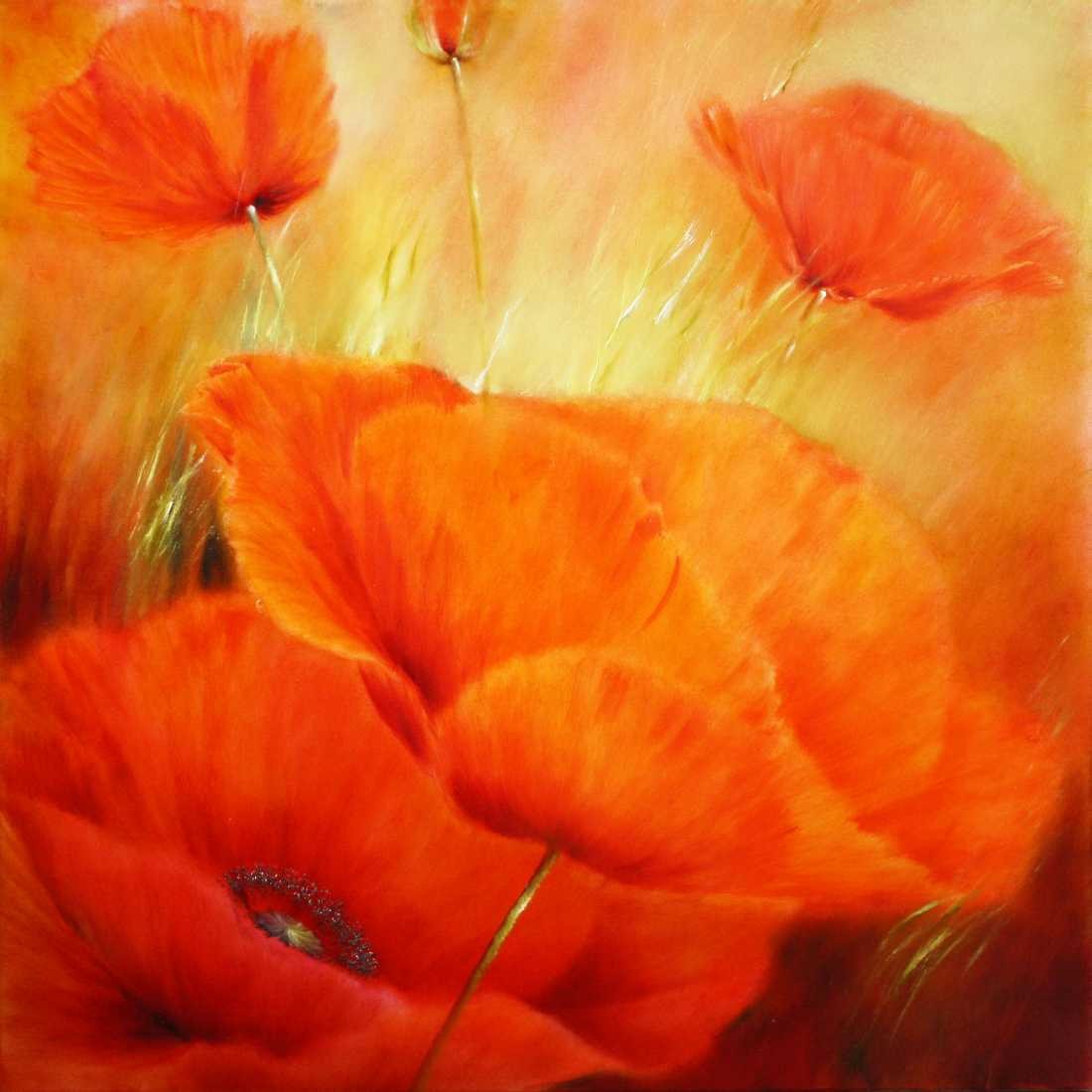Konfiguration benutzen (Mohn, Mohnblüten,  Blüten, Blumen, Pflanze, Kornfeld, zart, filigran, floral, leuchtend,  Malerei, Treppenhaus,  Wohnzimmer, Wunschgröße, rot/goldgelb)