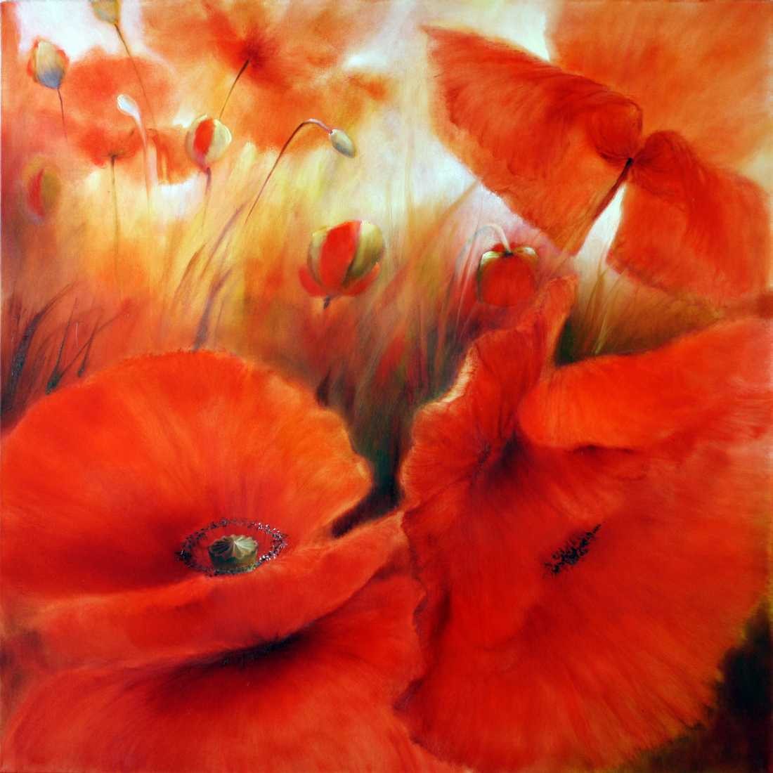 Konfiguration benutzen (Mohn, Mohnblüten, Blüten, Blumen, Pflanze, Blätter, zart, filigran, floral, leuchtend,  Malerei, Treppenhaus,  Wohnzimmer, Wunschgröße, rot)