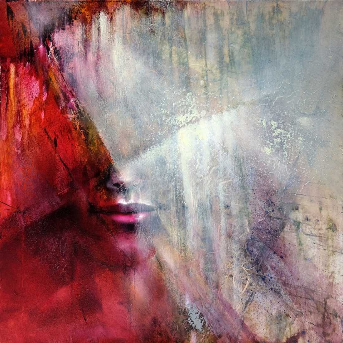 Konfiguration benutzen (Halb-Portrait, Frau,  abstrakter Hintergrund, zart, filigran, Malerei, Treppenhaus,  Wohnzimmer, Wunschgröße, rot/grau)