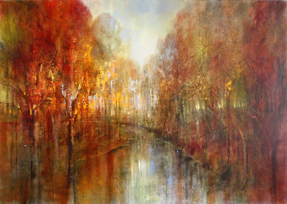 Konfiguration benutzen (Wald, Natur, Bäume, Fluss, Flussufer, modern, Herbst, Jahreszeit, Leuchten, Treppenhaus, Wohnzimmer, Arztpraxis, Wunschgröße, Malerei, bunt)